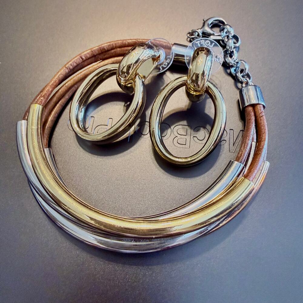 FOSSIL Brown Leather Mixed Metal Bracelet & LOFT Earrings - Picture 3 of 6